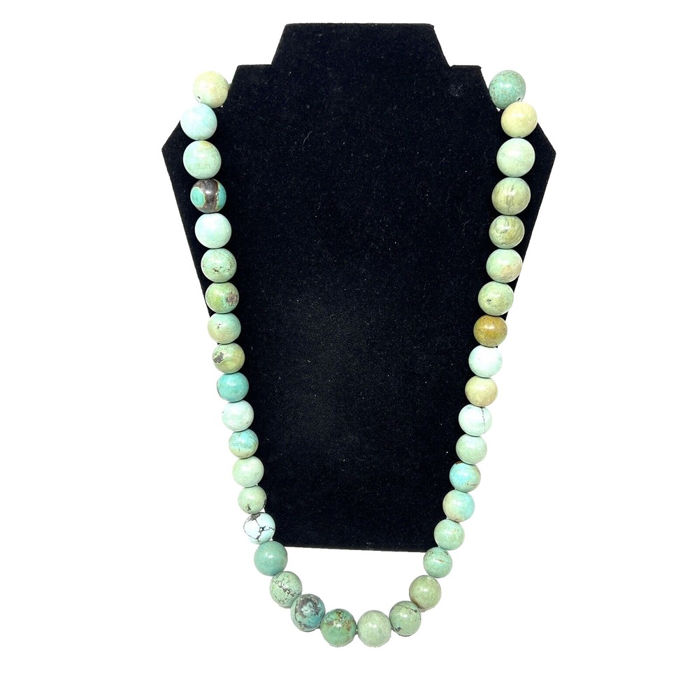 Estate Genuine Hubei‎ Chinese Carved Turquoise .5" Beads Necklace 33" Long